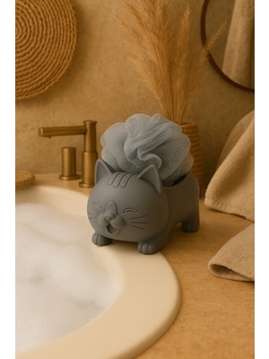 the mr east Dekoratif Kedi Figürlü Sabunluk & Süngerlik Şık ve Sevimli Banyo, Mutfak Aksesuarı Çok Amaçlı