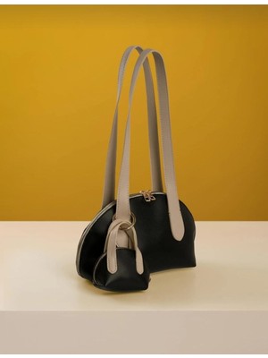 Özüm Takı Çanta Kadın Mini Çantalı Charm Detaylı Uzun Saplı El ve Kol Çantalı Siyah Krem