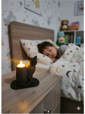 the mr east Siyah Mozaik Dekoratif Kedi Biblo LED Mumlu Şık Ev Ofis Masaüstü Mumluk (Led Mum Hediye) 14 x 12