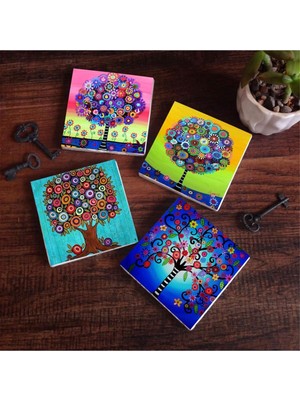 Feyza Design Hayat Ağacı Taş Bardak Altlığı Seti, 4'lü Rustik Dekoratif Aksesuar