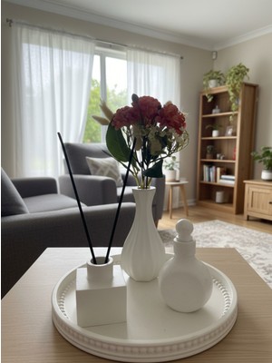 Şık Dekoratif Vazo ve Tütsülük, Amber Kokulu Tepsi Seti (Çiçek Dahil Değil)