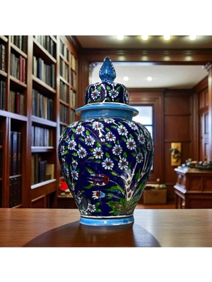 Feyza Design El Yapımı Seramik Çini Vazo, Hayat Ağacı Tasarımı, 30 Cm, Mavi