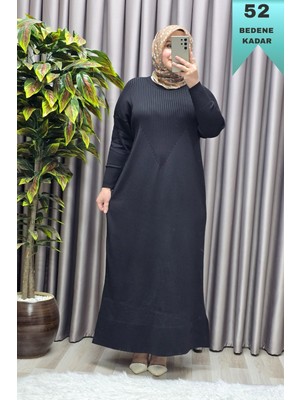 Elmas Tesettür Kadın Giyim Büyük Beden Soğuk Triko Fitilli Elbise