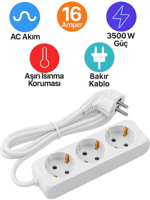 Astakos 3'lü Bakır Uzatma Ara Kablosu 1 Metre AC Akım 16 Amper Aşırı Isınma Koruması