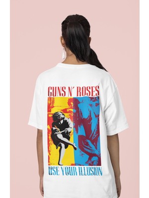 Sevbano Guns N' Roses Use Your Illusion Yazılı Sırt Baskılı Unisex Oversize Rock Metal Müzik Grubu Tişört