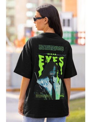 Sevbano Tasarım Billie Eilish Ocean Eyes Sırt Baskılı Unisex Oversize Şarkıcı Tişört
