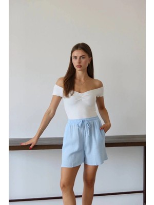 Bilfold Müslin Kumaş Şort Bağcıklı Mavi Pt