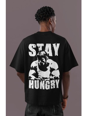 Sevbano Tasarım Arnold Stay Hungry Bodybuilding Fitness Sırt Baskılı Unisex Oversize Tişört
