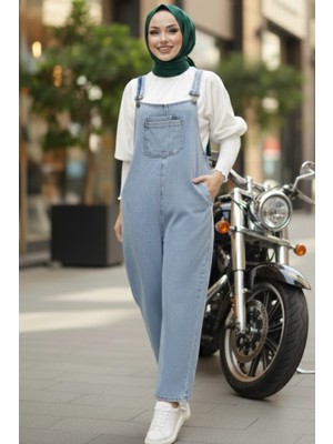 Kadın Ayarlanabilir Askılı Cep Detaylı Kot Mavi Tulum