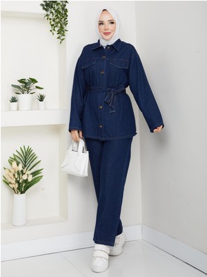 Pamuk Butik Kadın Pantolonlu Kuşaklı Ikili Kot Takım -PMK505