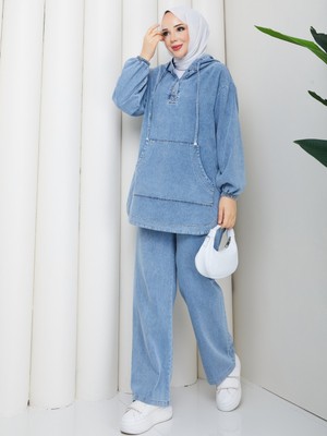 Pamuk Butik Kadın Pantolonlu Ikili Kanguru Cepli Salaş Kot Takım -PMK504