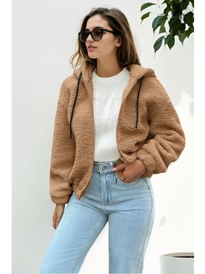 Hiramir Peluş Kapüşonlu Kadın Bomber Mont Taş KS2503
