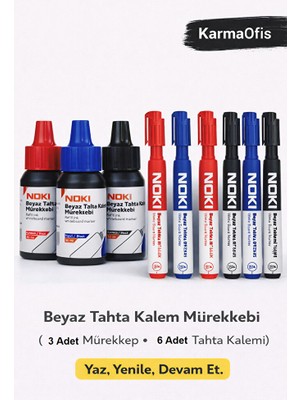 KarmaOfis Beyaz Tahta Kalemi Seti (6 Kalem + 3 Mürekkep) Renkli Yazı Tahtası Kalemleri