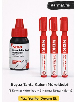 KarmaOfis Kırmızı Tahta Kalemi + Mürekkep Seti (1 Mürekkep + 3 Kalem)
