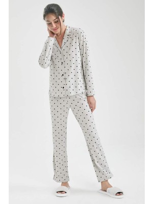 Dofi Kadın 1758 Gri Puantiyeli Düğmeli Pijama Takımı – Nefes Alabilen Kumaş