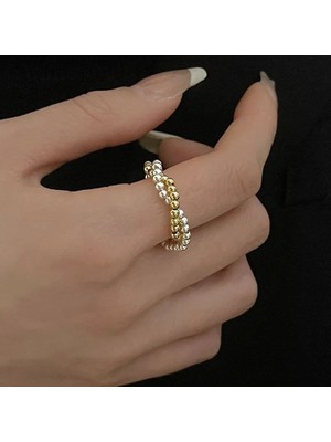 Shiklik Gümüş ve Altın Kaplama Boncuklu Lastikli Detaylı Yüzük