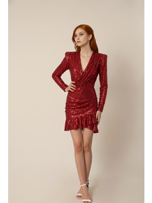 V Yaka Payetli Fırfırlı Elbise