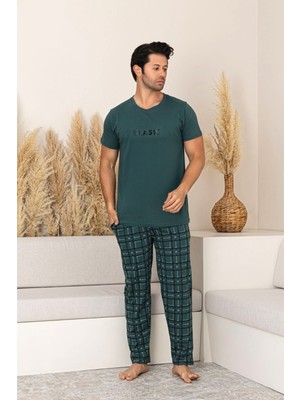 Morvarid Kutulu- Premium Pamuklu Kısa Kollu Erkek Pijama Takımı- Ekose Babalar Günü Hediyesi