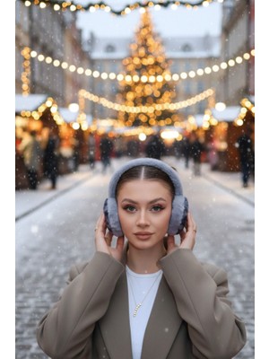 Gri Renk Leopar Detaylı Peluş Kulaklık