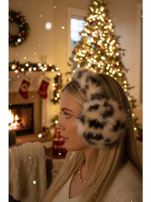 Leopar Desenli Hareketli Peluş Kulaklık - Kedi Kulaklı Tasarım