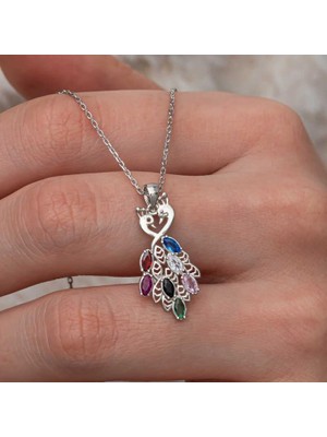 cleovibe Gümüş Renkli Taşlı Tavus Kuşu Kadın Kolye