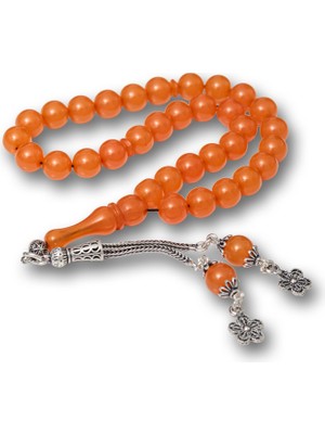 Turtcest Gümüş Püsküllü Turuncu Yuvarlak Sıkma Kehribar Tesbih