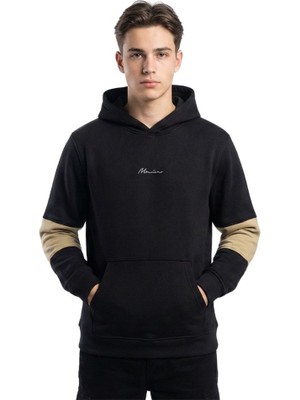 Trender Kapüşonlu Kol Parçalı Kanguru Cep 3 Iplik Erkek Sweat 5731 Siyah