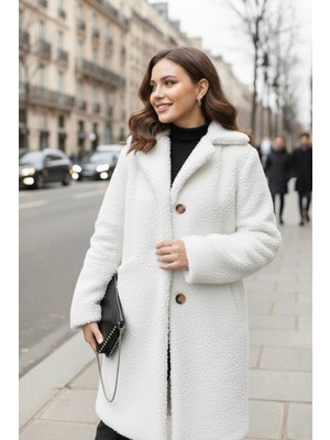 Hiramir Kadın Peluş Önü Düğmeli Mont Bej KS2531