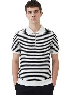 Trender Gipeli Waffle Yarım Fermuarlı Çizgili Erkek T-Shirt 4055 Siyah