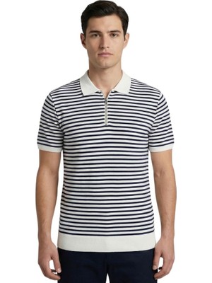 Trender Gipeli Waffle Yarım Fermuarlı Çizgili Erkek T-Shirt 4055 Indigo