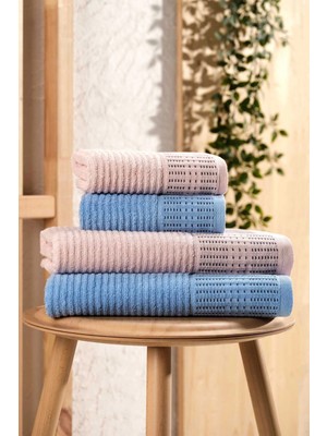 Mira Home 4 Parça Büyük Boy Banyo Havlu Takımı %100 Pamuklu Marena Mavi Pudra
