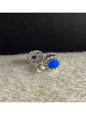 Generic 925 Ayar Gümüş Silver Renkli Zirkon Taşlı Kadın Küpe -  Mavi Opal Taşı Detaylı