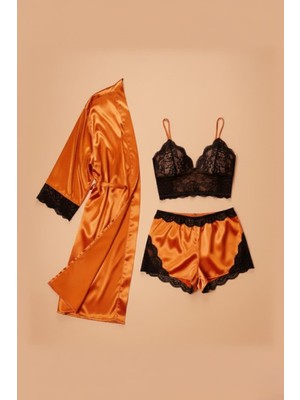 Gd Goldoremi Kadın Sabahlıklı Büstiyerli Şortlu Kimono 3'lü Pijama Takım