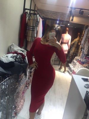 Pink Life Sandy Kumaş Uzun Kullu Kırmızı Maksi Elbise