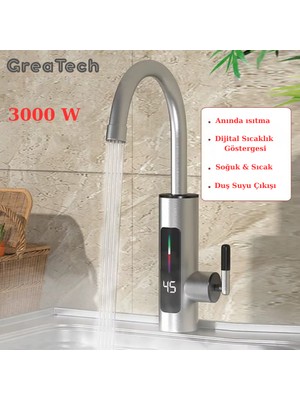 GreaTech Elektrikli Anında Su Isıtıcı Musluk 3000 W LED Dijital Göstergeli Paslanmaz Çelik Musluk