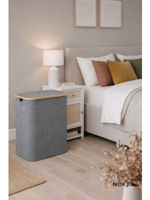 Nokka 150 Litre Bambu Kapaklı Katlanabilir Çamaşır Sepeti, 2 Bölmeli Kirli Sepeti (70X57X37)