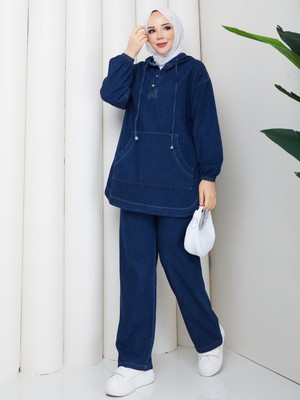 Pamuk Butik Kadın Pantolonlu Ikili Kanguru Cepli Salaş Kot Takım -PMK504