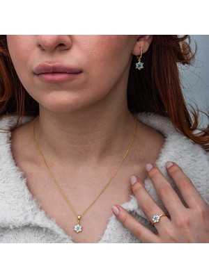 cleovibe Gümüş Mavi Taşlı Gold Çiçek Kadın Set