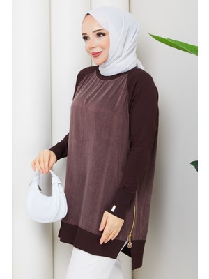 Pamuk Butik Kadın Yandan Fermuarlı Ipek Kupra Merserize Triko Tunik -PMK501