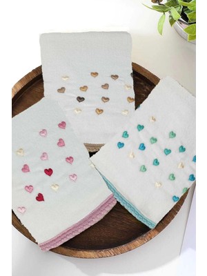 Mira Home 3 Lü Renkli Kalpli Su Taşı Kenar Işlemeli Havlu Seti 50X90 cm
