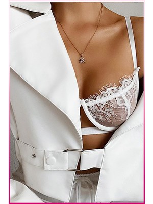 Kadın Beyaz Dantelli Balenli  Sütyen Külot Takım