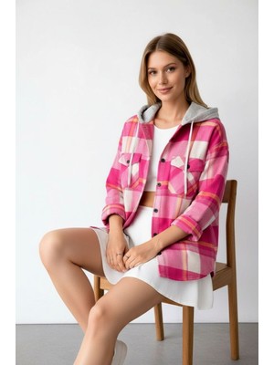 Mamayaga Kadın Desenli Renkli Oduncu Oversize Bol ve Geniş Kalıp Casual Çift Kapüşonlu Ceket Gömlek