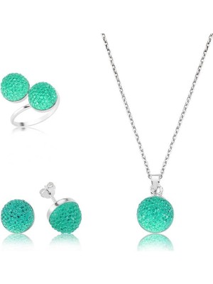 cleovibe Gümüş Yeşil Kristal Taşlı Bayan Set