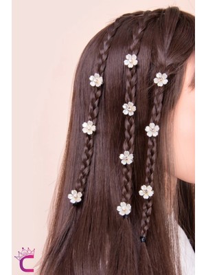 Cinderella 10'lu Beyaz Çiçekli Taşlı Çıtçıt Klipsli Örgü Saç Süsü - Genç Kız Çocuk Süsleme Tokası Küpesi Metal