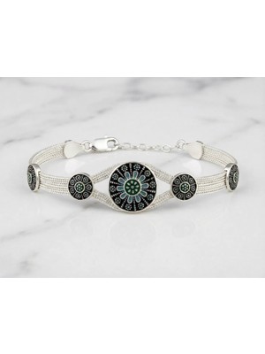 Arvenia Silver Beşli Mineli Çiçek Yeşil Turkuaz Kazaz Gümüş Bileklik