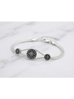Arvenia Silver Üçlü Telkari Çiçek Yaprak Kazaz Örgü Gümüş Bileklik