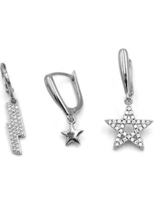 Royaleks 3'lü Taşlı Halka Küpe - Gümüş