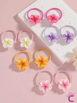 Cinderella 10'lu Plumeria Çiçekli Dayanıklı Renkli Kız Çocuk Lastik Toka - Gür Saç Esnek Lastikli Saç Tokası