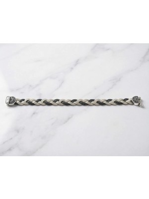 Arvenia Silver Kalın Siyah Beyaz Örgü Düz Kazaz Gümüş Bileklik