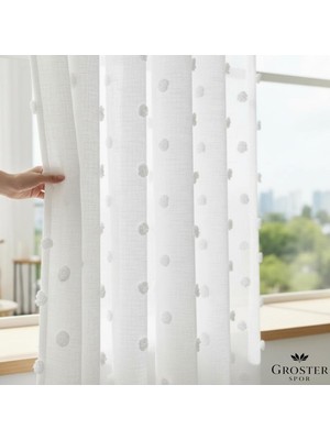 Groster Spor Püsküllü (Çiçek Detaylı) Keten Premium Kalitede Dokulu 1/3 Sık Pileli Tül Perde Ağır Gramajlı Ütü Istemez Eteği Kurşunlu